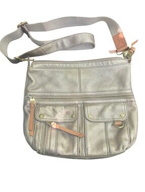 Fossil Large Metallic Pewter Leather Crossbody Messenger Bag Multi Pocket
